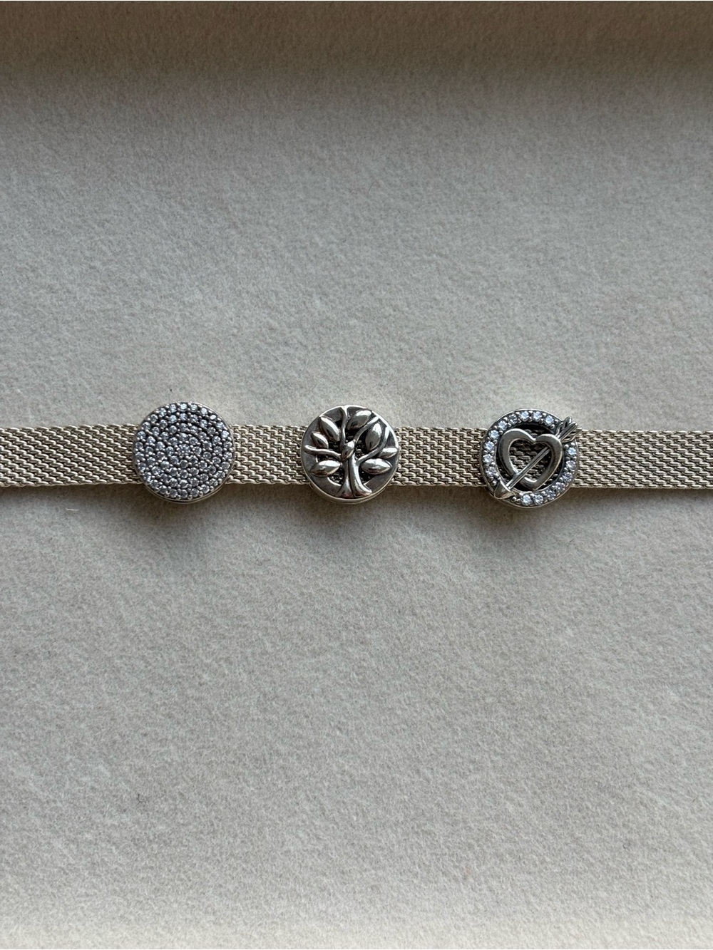 Pandora Reflexion Gold Tone Mesh Bracelet with Pave, Tree and Heart Charms